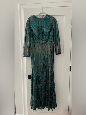 Sequin Long Sleeve Emerald Dress with Over Skirt 12-14
